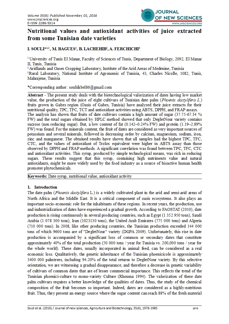 Nutritional Values And Antioxidant Activities Of Juice Extracted From Some Tunisian Date Varieties Journal Of New Sciences
